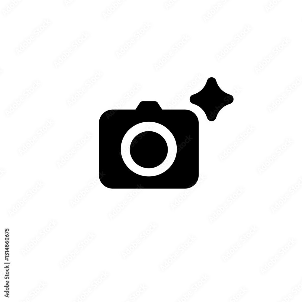 Poster black camera icon features shiny sparkle mark. ideal for app interfaces or graphic design projects.