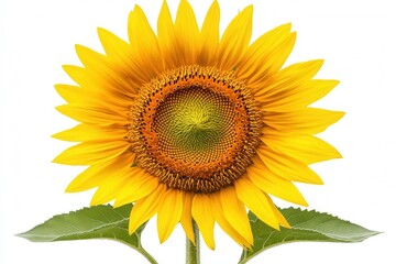 Obraz premium Radiant sunflower blossom against a pristine white backdrop showcasing vibrant yellow petals and intricate center detail capturing summer essence