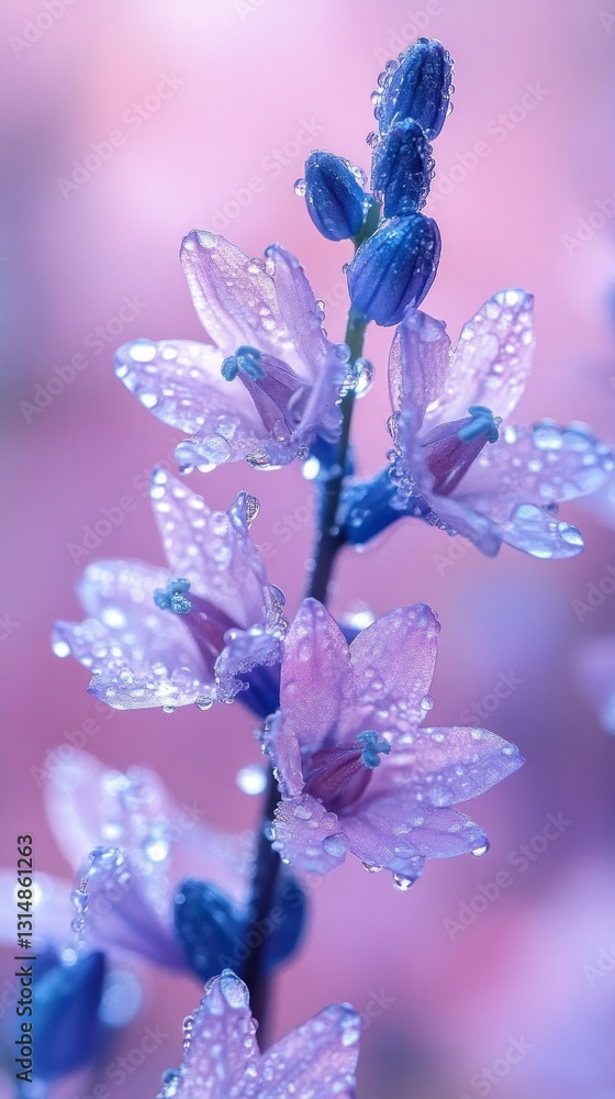 Poster vibrant purple flowers shimmer with dew droplets in a serene garden, creating a striking contrast ag
