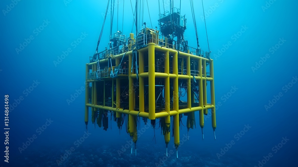 Poster underwater robot assembling oil platform on seabed with cables and tools suspended in water