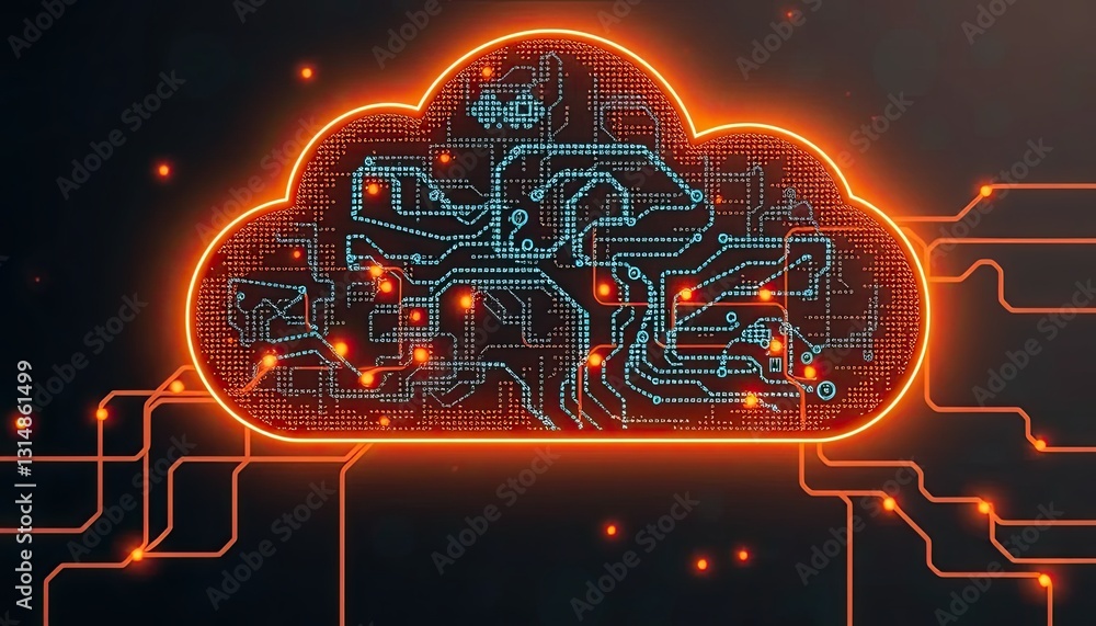 Aufkleber abstract cloud computing network glowing orange circuitry and white cloud on dark blue background