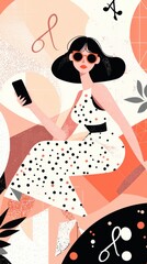 Stylized illustration of a woman with dark hair, retro fashion, holding a comb, polka dot dress, and abstract background