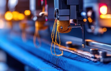 Embroidery machine operation textile factory industrial process workshop environment close-up view craftsmanship concept