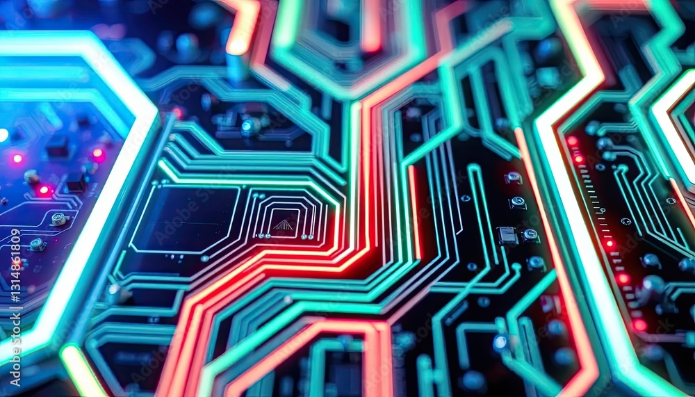 Poster abstract glowing circuit board with red green and blue neon lines hexagon pattern