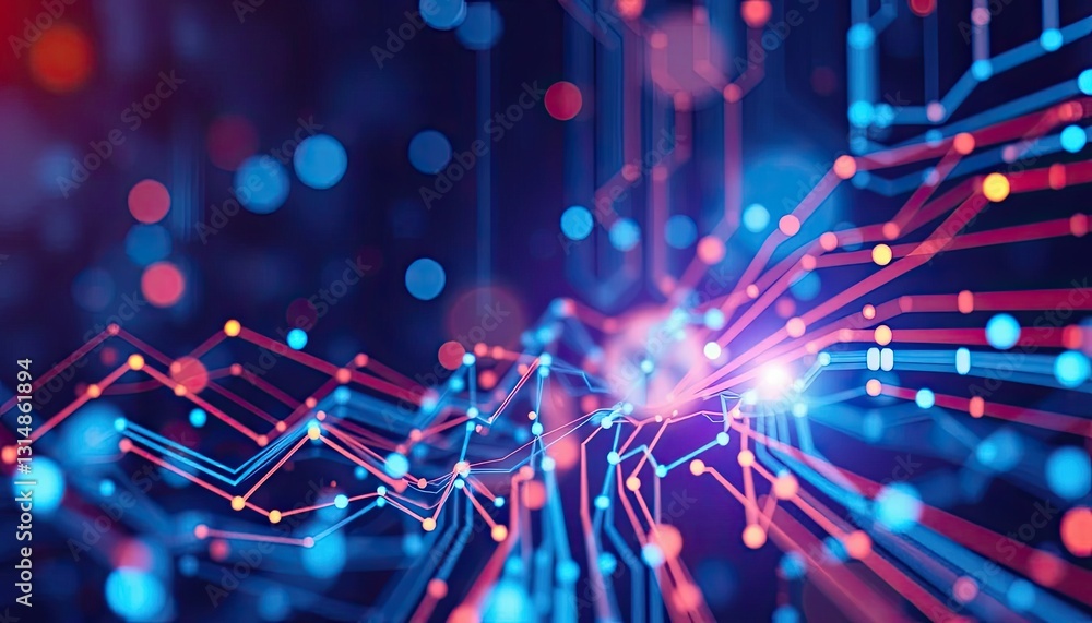 Poster abstract network connections blue red lines and nodes on dark background