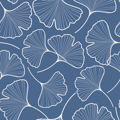 Seamless pattern of ginkgo biloba leaves in soothing blue tones. Floral stylish background. Textile, fabric, wrapping paper design.