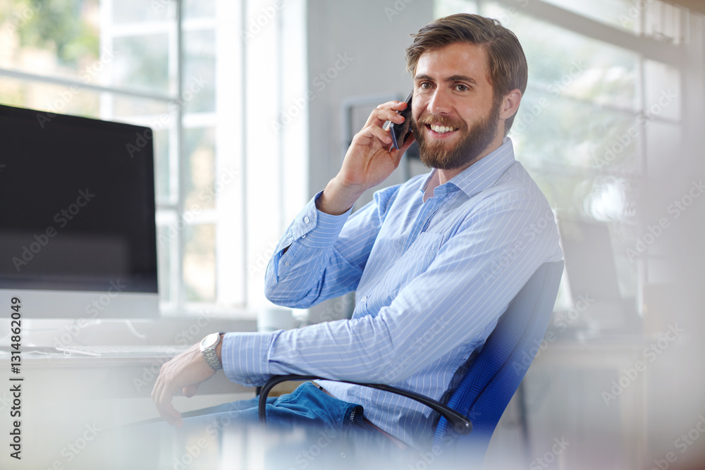 Aufkleber Man, architect and phone call in office, speaking and online for negotiation on property. Update, development and talk with business client in workplace, project and computer with mockup screen