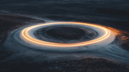 Light trails on winding road creating circular pattern at night