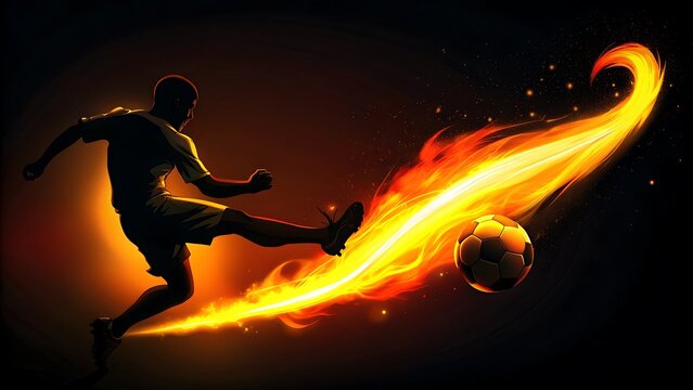 Silueta de un jugador de f&uacute;tbol pateando una pelota con una estela de fuego, simbolizando pasi&oacute;n, poder y determinaci&oacute;n en los deportes.