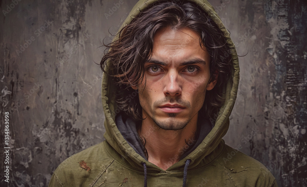Poster man with long hair is wearing a green hoodie and looking at the camera. the image has a moody and so