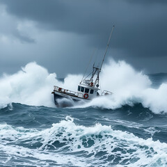 Naklejka premium A small fishing boat battles powerful waves in the midst of a raging storm, with dark clouds and heavy rain all around.