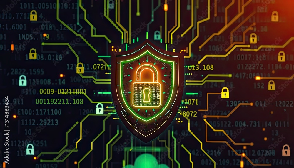 Poster glowing shield and padlock on circuit board background