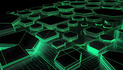 Obraz premium Futuristic design with translucent green hexagons and squares on a dark grid background and copy space