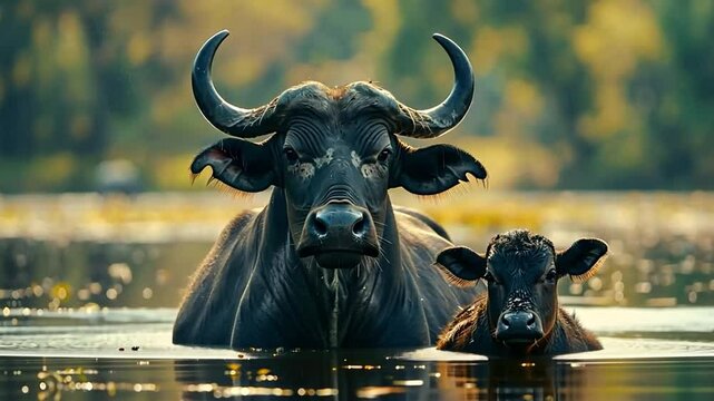 Serene video capturing two water buffaloes relaxing in water during golden hour. Perfect for nature themes. Generative AI