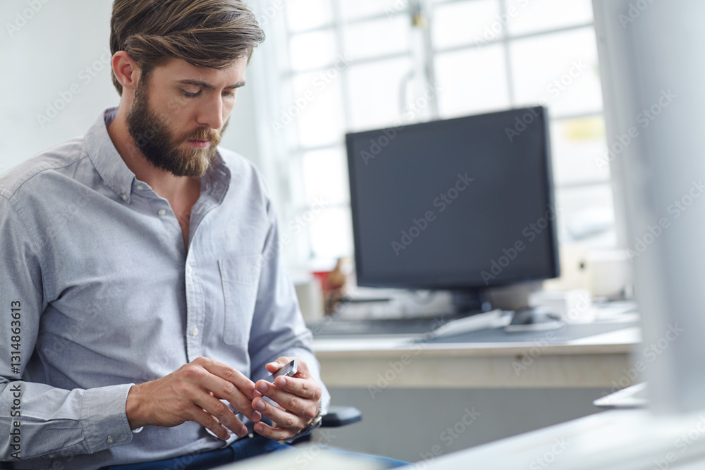 Aufkleber business, man and check phone in office for email notifications, text message and social networking.