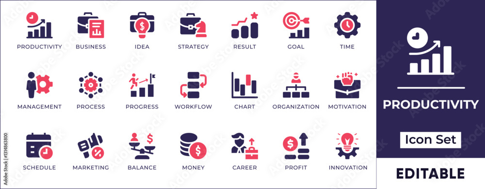 Poster flat productivity and efficiency icon set featuring task management, workflow optimization, time tra
