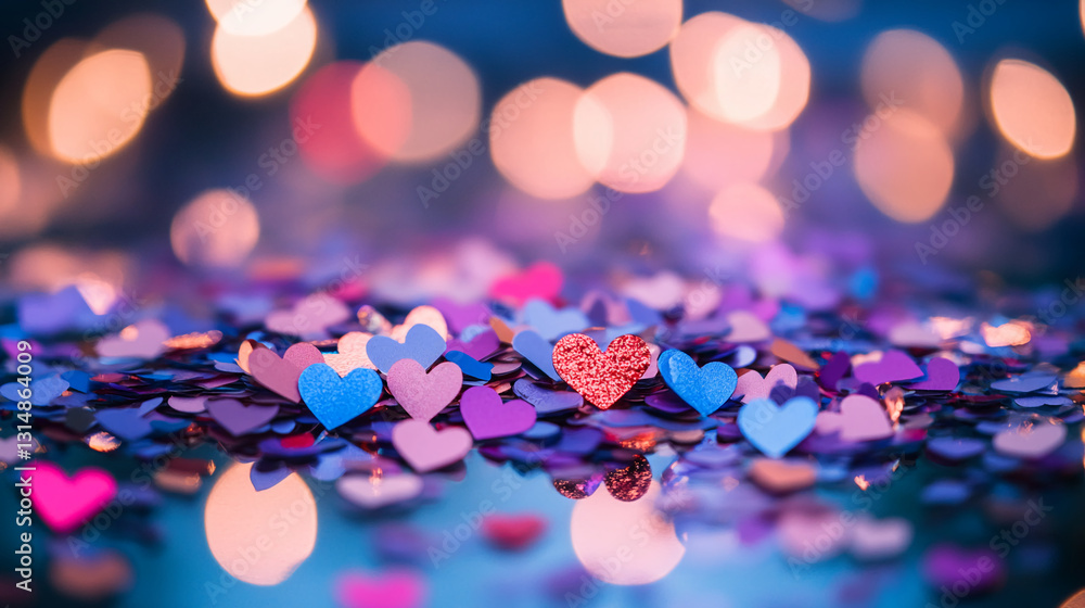 Poster colorful heart confetti on a reflective surface, illuminated by blurred bokeh lights, creating a rom