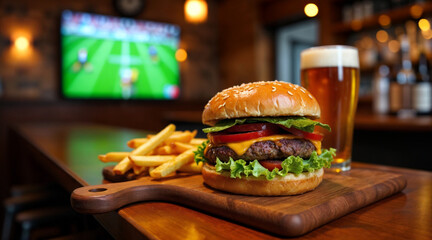 The perfect combination of crispy fries, a delicious burger, and a cold beer. The atmosphere is lively with sports playing in the background. A true pub experience captured in one image.