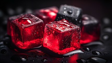 elegant beautiful red and black ice cubes with waterdrops on red and black background, dark theme