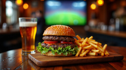 A mouthwatering cheeseburger with a side of fries waits to be enjoyed. The golden beer complements the meal perfectly. The pub's relaxed setting invites guests to unwind.