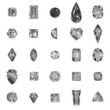 A large collection of diamonds of different cuts. The set includes 25 shapes. High-resolution 3D rendering.