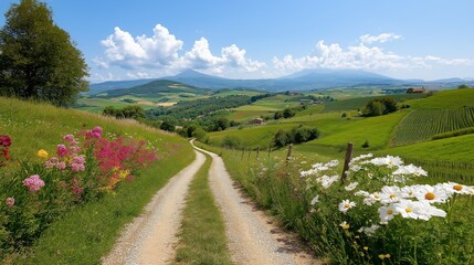 Fototapeta premium Serene pathway through vibrant flowers leads to rolling hills under a bright blue sky. Generative AI