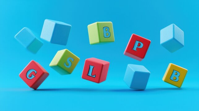 Floating 3D ABC cubes with vibrant colors, creating a fun and educational visual.