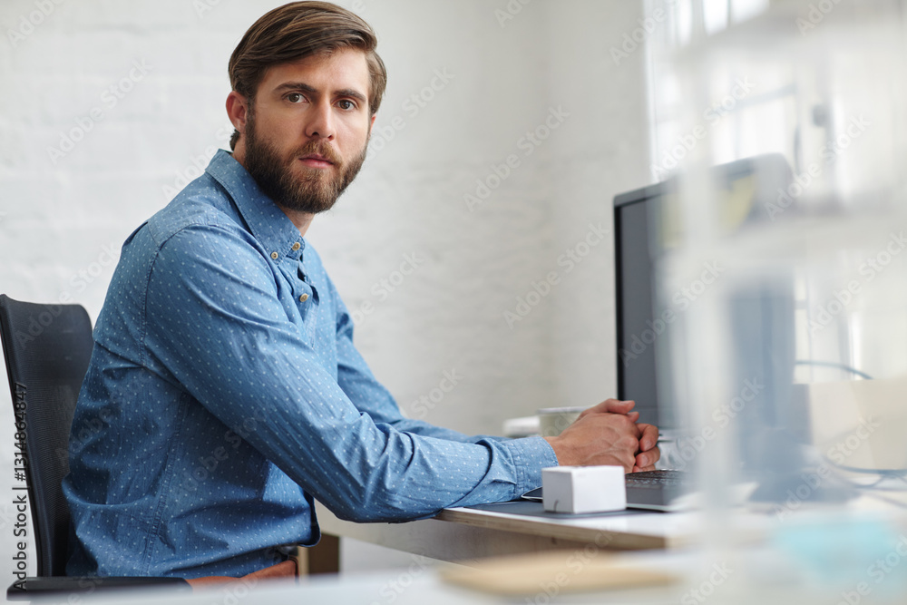 Poster man, portrait and computer for worker administration in office, company website and digital filing. 