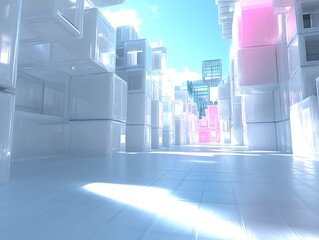 Abstract city architecture with transparent and pink cubed buildings