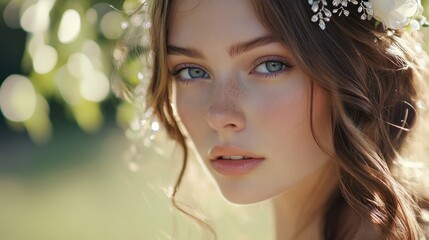 Naklejka premium Beautiful woman with floral crown, natural makeup and radiant skin