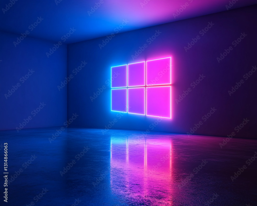 Poster Neon window symbol on a dark wall, reflected on a glossy floor, creating a vibrant, modern and minimalist scene suitable for technological or abstract background