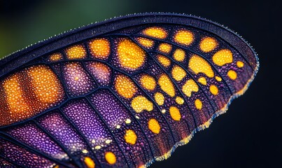 Detailed close-up of a vibrant butterfly wing, showcasing intricate patterns