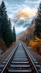 Fototapeta premium Majestic mountain view along a tranquil railway track surrounded by autumn colors at dawn. Generative AI