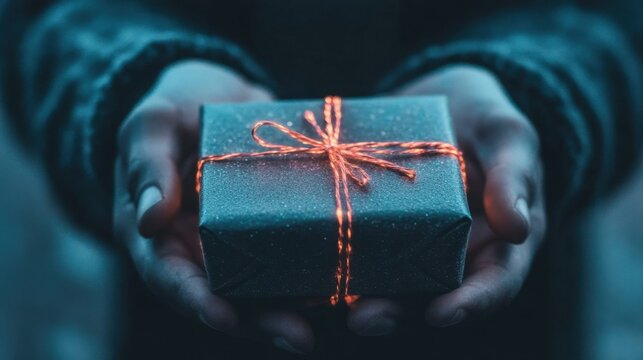 Gift wrapped in shimmering paper with glowing string creates warm festive atmosphere