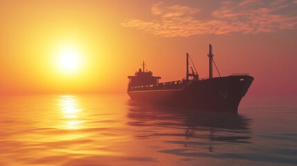 Obraz premium Cargo ship at sunset on calm sea