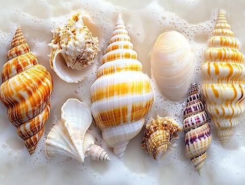 Seashells in foamy beach surf