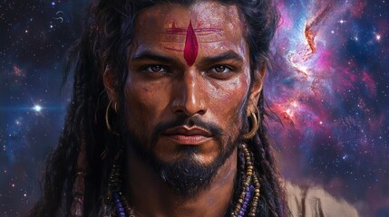 Cosmic warrior's intense gaze