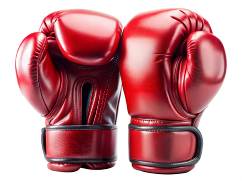 A Pair Of Vibrant Red Boxing Gloves Ready For The Fight, Showcasing Sleek, Polished Leather And A Powerful Stance Against A Stark Isolated on Transparent Background