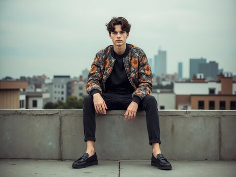 Young Man in Floral Jacket on City Rooftop