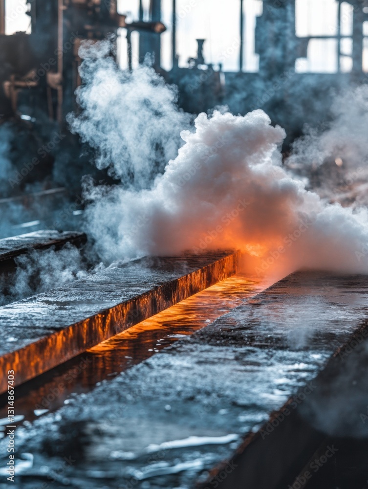 Poster red hot metal billets undergo tempering in workshop with steam clouds rising and tools scattered aro
