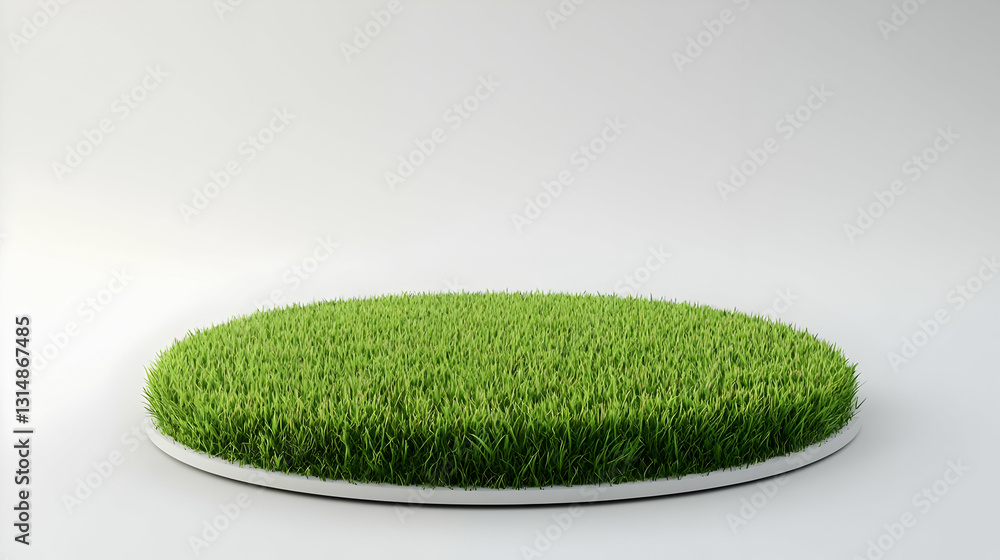 Poster circular green grass patch on a white minimalist platform in a well lit studio setting with soft sha