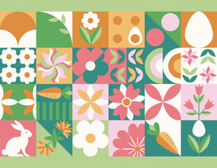 Wielkanocny zielony baner z mozaiką z świątecznymi symbolami. Wiosenny geometryczny wzór z królikiem, jajkami i kwiatami. © Monika