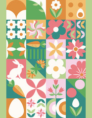 Wielkanocny zielony baner z mozaiką z świątecznymi symbolami. Wiosenny geometryczny wzór z królikiem, jajkami i kwiatami.