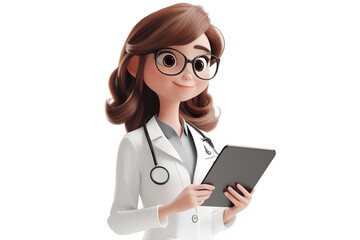 3D Cartoon Female Doctor with Tablet - Modern Medical Professional Illustration on Transparent Background