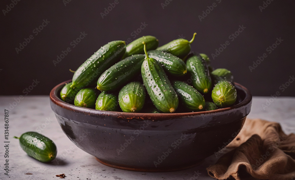 Poster bowl of cucumbers is sitting on a table. the cucumbers are green and have a few spots on them