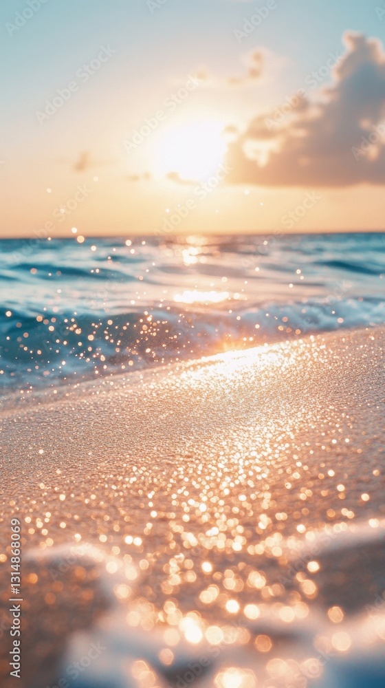 Poster golden hour on the beach with sparkling sand and gentle waves creating a serene and peaceful atmosph