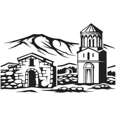 Naklejka premium Ancient ruins of Ani in black and white illustration