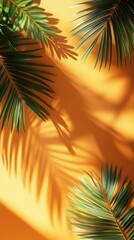 Tropical Palm Leaves Casting Shadows on a Warm Orange Background Creating a Summer Vibe Perfect for Vacation and Relaxation Themed Projects