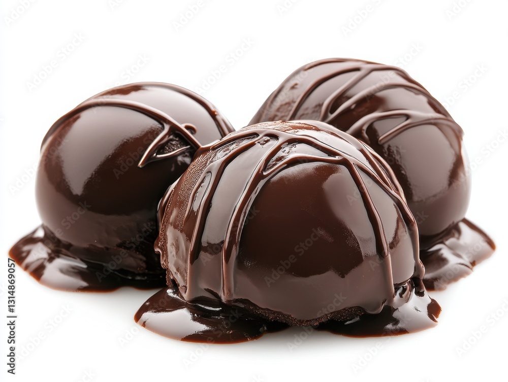 Poster decadent chocolate truffle trio gleaming under studio lights on a pristine white background creating