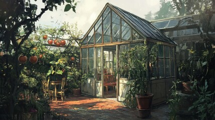 Serene Greenhouse Garden: A Tranquil Oasis of Tomatoes and Greenery